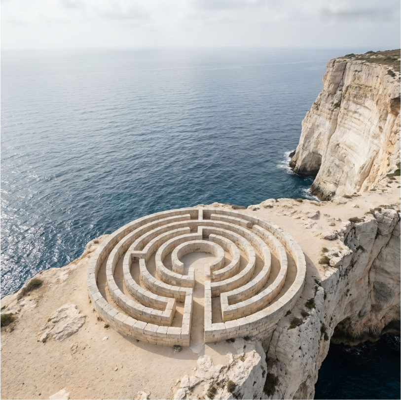 Labyrinthe en pierre au bord d'une falaise face à la mer